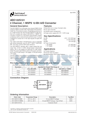 ADC102S021 datasheet - 2 Channel, 1 MSPS 12-Bit A/D Converter