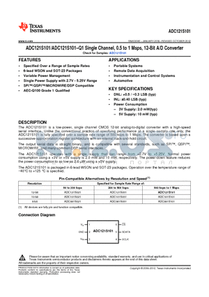 ADC101S021 datasheet - Single Channel, 0.5 to 1 Msps, 12-Bit A/D Converter