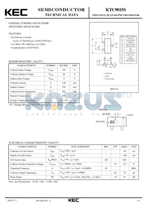 KTC9015S datasheet - EPITAXIAL PLANAR PNP TRANSISTOR GENERAL PURPOSE SWITCHING APPLICATION