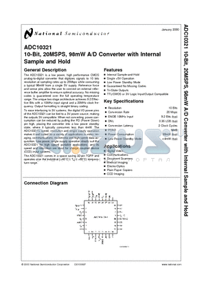 ADC10321CIVT datasheet - 10-Bit, 20MSPS, 98mW A/D Converter with Internal Sample and Hold