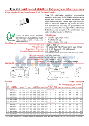 935H2W1K-F datasheet - Type 935 Axial Leaded Metallized Polypropylene Film Capacitors