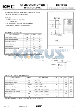 KTC9018S datasheet - EPITAXIAL PLANAR NPN TRANSISTOR