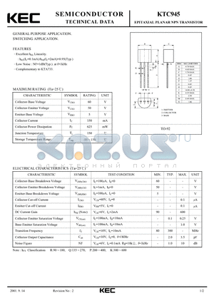 KTC945 datasheet - EPITAXIAL PLANAR NPN TRANSISTOR (GENERAL PURPOSE, SWITCHING)