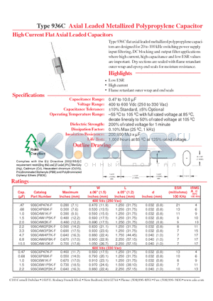 936C4W1P5K-F datasheet - Type 936C Axial Leaded Metallized Polypropylene Capacitor