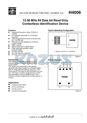 H4006501IC datasheet - 13.56MHz 64 Data bit Read Only Contactless Identification Device