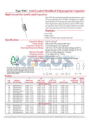 936C4P68K-F datasheet - Type 936C Axial Leaded Metallized Polypropylene Capacitor