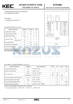 KTD1882 datasheet - EPITAXIAL PLANAR NPN TRANSISTOR (AUDIO FREQUENCY  POWER AMPLIFIER LOW SPEED SWITCHING)