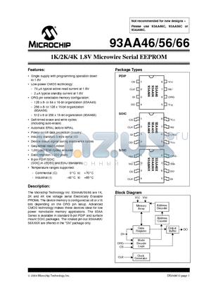 93AA46/SN datasheet - 1K/2K/4K 1.8V Microwire Serial EEPROM