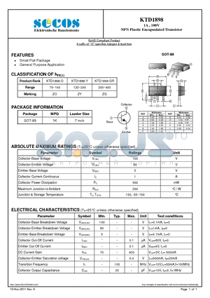KTD1898 datasheet - 1A , 100V NPN Plastic Encapsulated Transistor