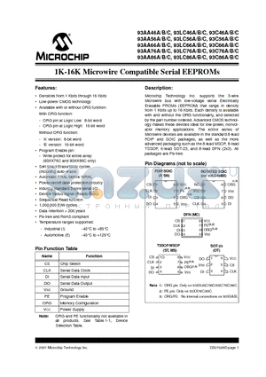 93AA465A-E/MS datasheet - 1K-16K Microwire Compatible Serial EEPROMs