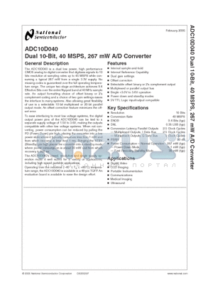 ADC10D040 datasheet - Dual 10-Bit, 40 MSPS, 267 mW A/D Converter