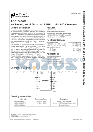 ADC108S022 datasheet - 8-Channel, 50 kSPS to 200 kSPS, 10-Bit A/D Converter