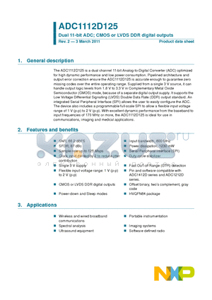 ADC1112D125HN datasheet - Dual 11-bit ADC; CMOS or LVDS DDR digital outputs