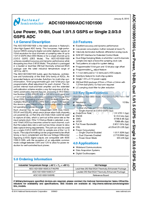 ADC10DNOPB datasheet - Low Power, 10-Bit, Dual 1.0/1.5 GSPS or Single 2.0/3.0 GSPS ADC