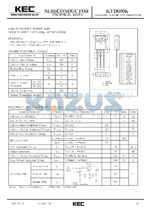 KTD600 datasheet - EPITAXIAL PLANAR NPN TRANSISTOR (LOW FREQUENCY POWER AMP, MEDIUM SPEED SWITCHING)