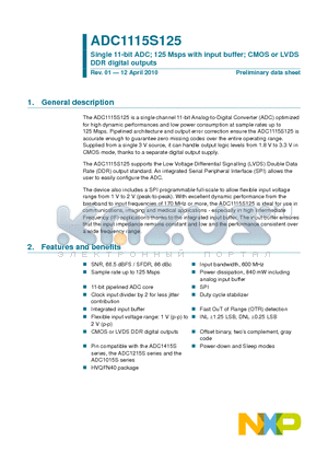 ADC1115S125HN/C1 datasheet - Single 11-bit ADC; 125 Msps with input buffer; CMOS or LVDS DDR digital outputs