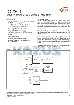 IC61C6416-10T datasheet - 64K X 16 HIGH-SPEED CMOS STATIC RAM