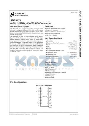 ADC1175 datasheet - 8-Bit, 20MHz, 60mW A/D Converter