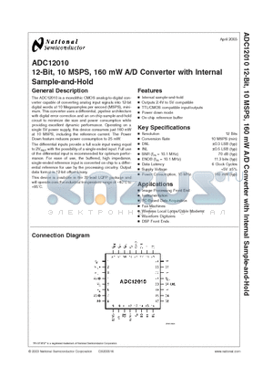 ADC12010CIVYX datasheet - 12-Bit, 10 MSPS, 160 mW A/D Converter with Internal Sample-and-Hold