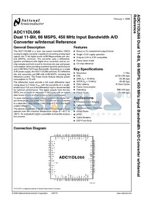 ADC11DL066 datasheet - Dual 11-Bit, 66 MSPS, 450 MHz Input Bandwidth A/D Converter w/Internal Reference