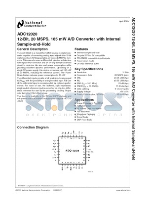 ADC12020 datasheet - 12-Bit, 20 MSPS, 185 mW A/D Converter with Internal Sample-and-Hold