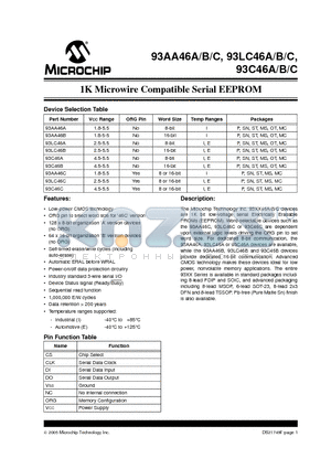 93AA46A-E/MCG datasheet - 1K Microwire Compatible Serial EEPROM