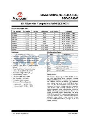 93AA46A datasheet - 1K Microwire Compatible Serial EEPROM