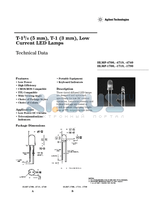 HLMP-4700F0B02 datasheet - T-13/4 (5 mm), T-1 (3 mm), Low Current LED Lamps