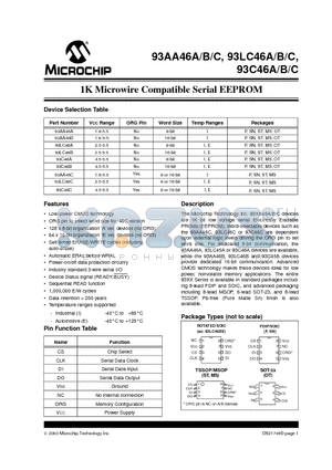 93AA46A-E/MSG datasheet - 1K Microwire Compatible Serial EEPROM