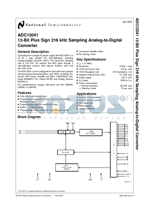 ADC12041CIMSAX datasheet - 12-Bit Plus Sign 216 kHz Sampling Analog-to-Digital Converter