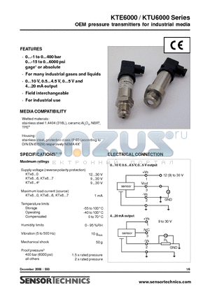 KTE6001GT6 datasheet - OEM pressure transmitters for industrial media