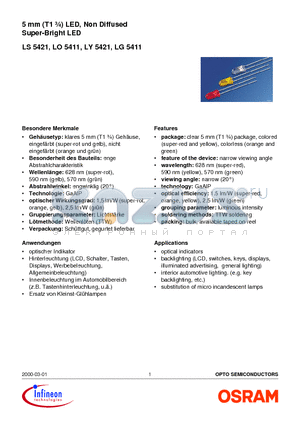 LO5411-QT datasheet - 5 mm (T1 n) LED, Non Diffused Super-Bright LED