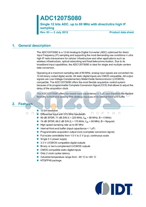 ADC1207S080 datasheet - Single 12 bits ADC, up to 80 MHz with direct/ultra high IF sampling