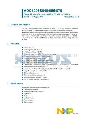 ADC1206S070H datasheet - Single 12 bits ADC, up to 40 MHz, 55 MHz or 70 MHz