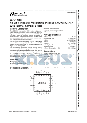 ADC12081CIVT datasheet - 12-Bit, 5MHz Self-Calibrating, Pipelined A/D Converter with Internal Samble & Hold