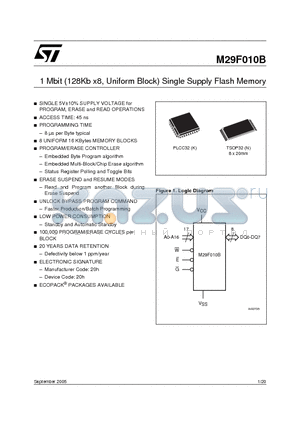 M29F010B120K3F datasheet - 1 Mbit 128Kb x8, Uniform Block Single Supply Flash Memory
