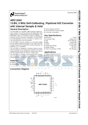 ADC12081_02 datasheet - 12-Bit, 5MHz Self-Calibrating, Pipelined A/D Converter with Internal Samble & Hold