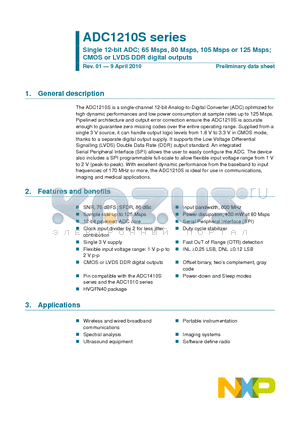 ADC1210S065HN/C1 datasheet - Single 12-bit ADC; 65 Msps, 80 Msps, 105 Msps or 125 Msps; CMOS or LVDS DDR digital outputs