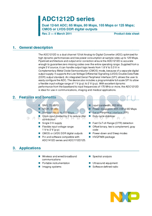 ADC1212D065HN datasheet - Dual 12-bit ADC; 65 Msps, 80 Msps, 105 Msps or 125 Msps; CMOS or LVDS DDR digital outputs