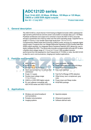 ADC1212D080HN-C1 datasheet - Dual 12-bit ADC; 65 Msps, 80 Msps, 105 Msps or 125 Msps; CMOS or LVDS DDR digital outputs