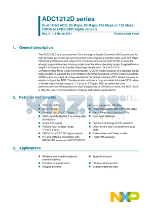 ADC1212D datasheet - Dual 12-bit ADC; 65 Msps, 80 Msps, 105 Msps or 125 Msps; CMOS or LVDS DDR digital outputs