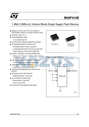 M29F010B45N1 datasheet - 1 Mbit 128Kb x8, Uniform Block Single Supply Flash Memory