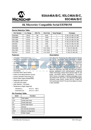 93AA46AT-I/MSG datasheet - 1K Microwire Compatible Serial EEPROM