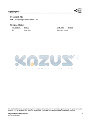 IC61LV6416-15BI datasheet - 64K x 16 Hight Speed SRAM with 3.3V