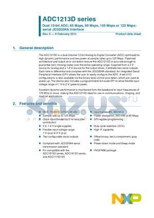 ADC1213D datasheet - Dual 12-bit ADC; 65 Msps, 80 Msps, 105 Msps or 125 Msps; serial JESD204A interface