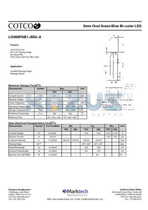 LO568PGB1-80Q-A datasheet - 5mm Oval Green/Blue Bi−color LED