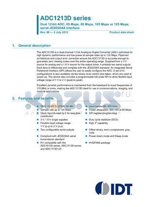 ADC1213D105HN-C1 datasheet - Dual 12-bit ADC; 65 Msps, 80 Msps, 105 Msps or 125 Msps; serial JESD204A interface