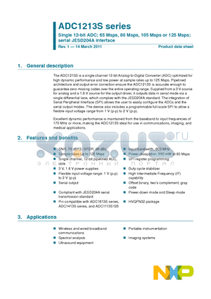 ADC1213S080HN datasheet - Single 12-bit ADC; 65 Msps, 80 Msps, 105 Msps or 125 Msps; serial JESD204A interface