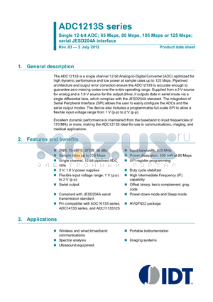 ADC1213S datasheet - Single 12-bit ADC; 65 Msps, 80 Msps, 105 Msps or 125 Msps; serial JESD204A interface