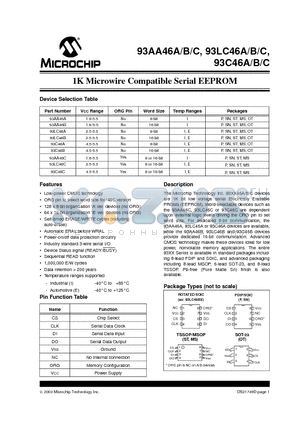 93AA46AX-I/OTG datasheet - 1K Microwire Compatible Serial EEPROM